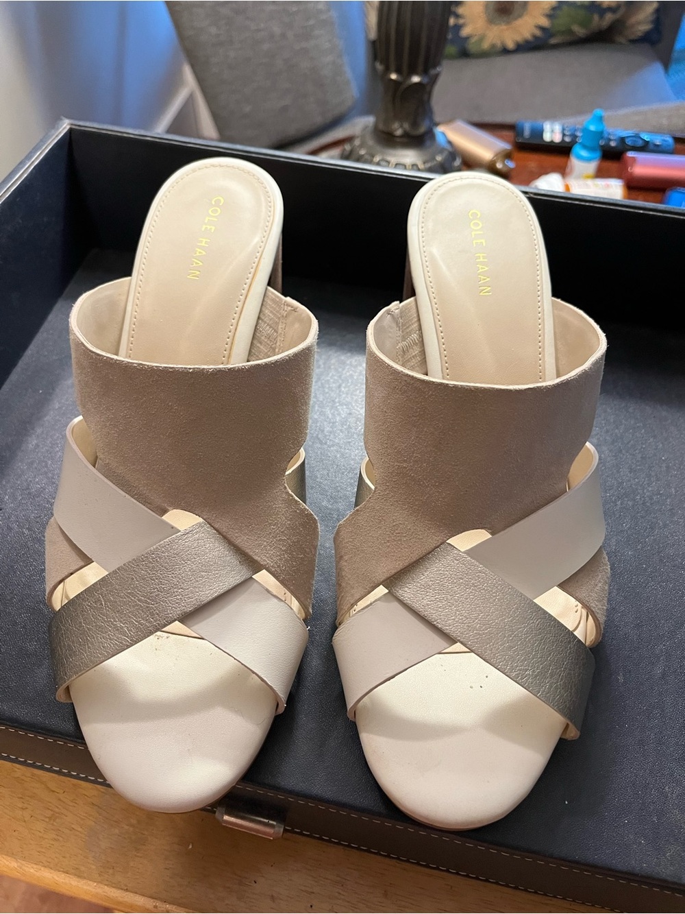 Cole Haan Taupe and Cream Crossover Mule Slides